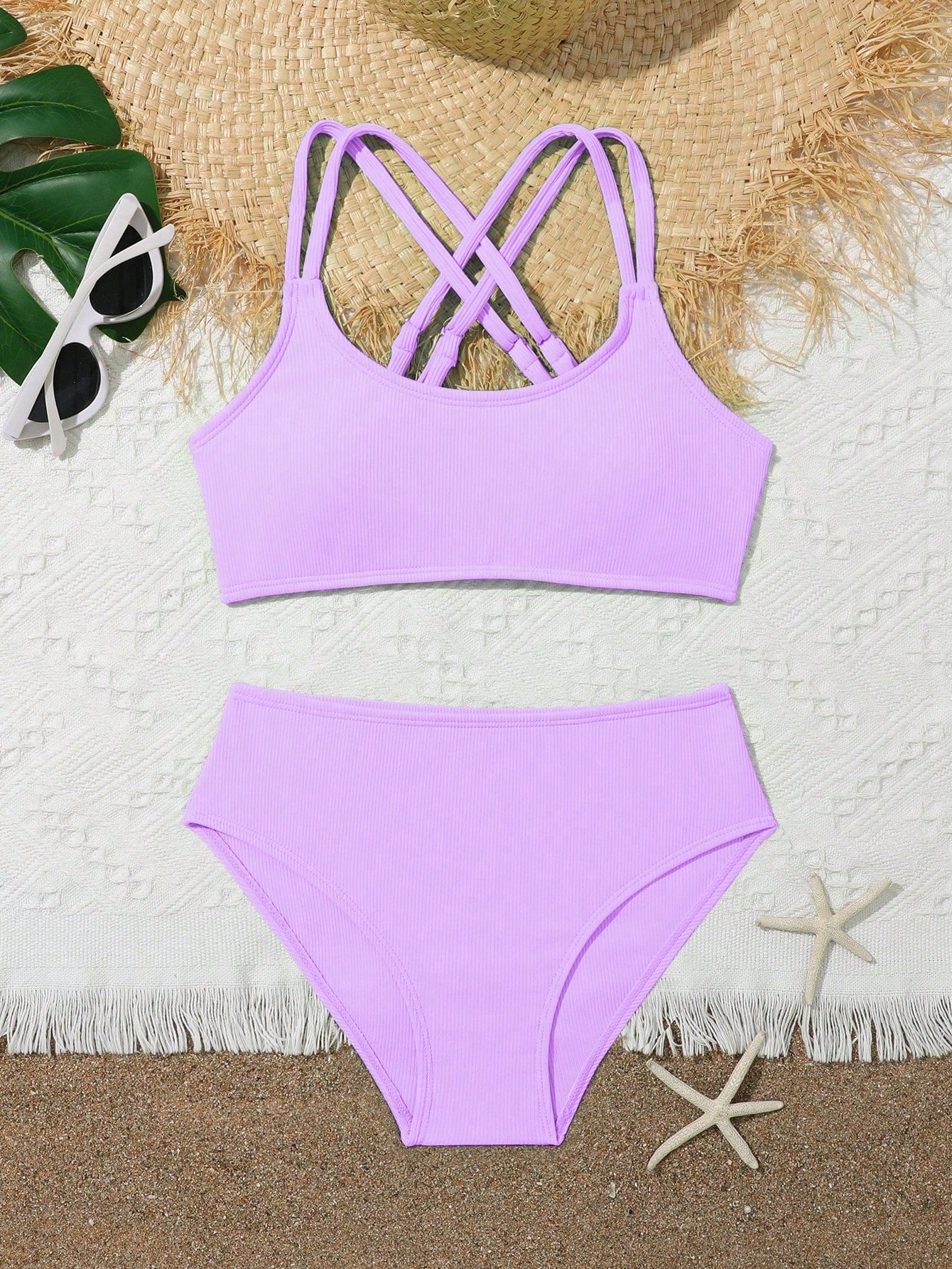 Tween Girls Bikini Sets Orange Summer Modest Activewear Beach Holiday,Knitted Ribbed Two Pieces Swimwear Crisscross Back Tank Top With Briefs Set
