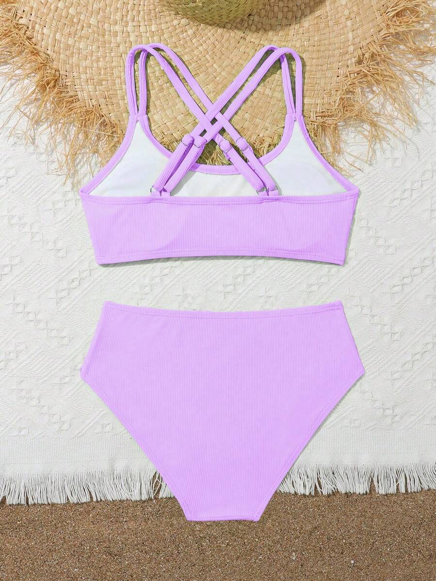Tween Girls Bikini Sets Orange Summer Modest Activewear Beach Holiday,Knitted Ribbed Two Pieces Swimwear Crisscross Back Tank Top With Briefs Set