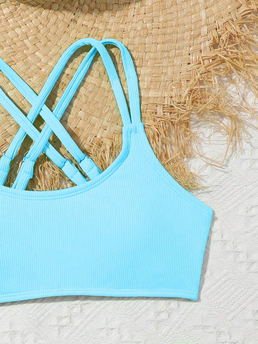 Tween Girls Bikini Sets Orange Summer Modest Activewear Beach Holiday,Knitted Ribbed Two Pieces Swimwear Crisscross Back Tank Top With Briefs Set