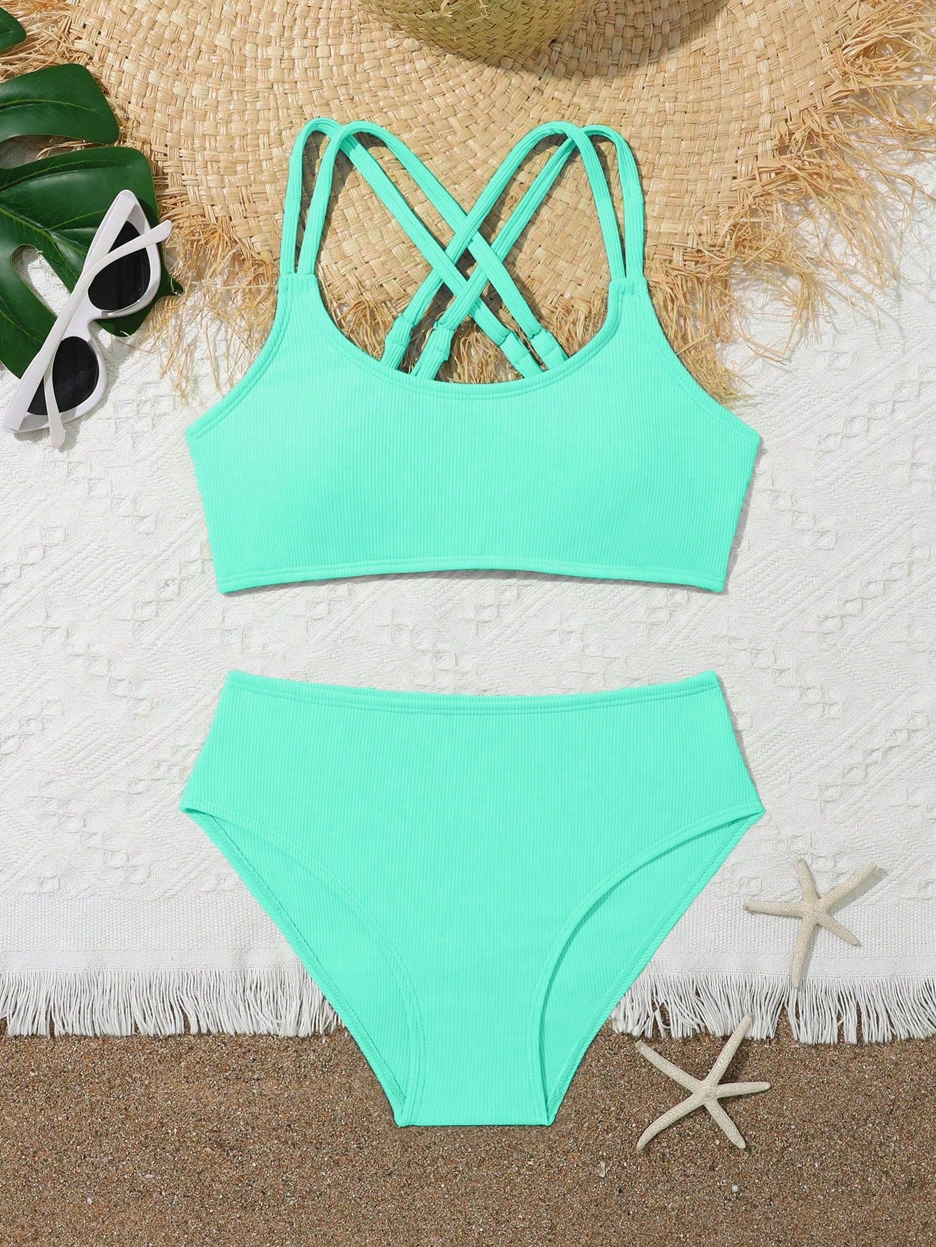 Tween Girls Bikini Sets Orange Summer Modest Activewear Beach Holiday,Knitted Ribbed Two Pieces Swimwear Crisscross Back Tank Top With Briefs Set