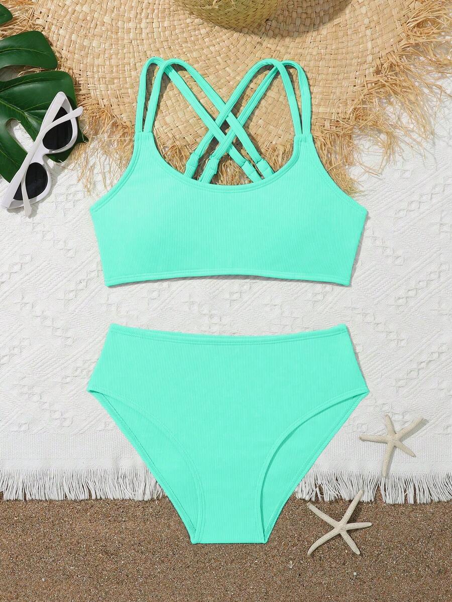 Tween Girls Bikini Sets Orange Summer Modest Activewear Beach Holiday,Knitted Ribbed Two Pieces Swimwear Crisscross Back Tank Top With Briefs Set