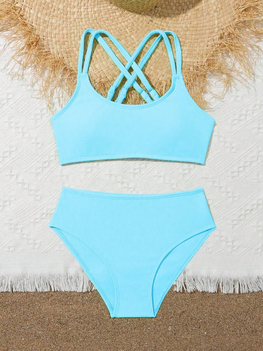 Tween Girls Bikini Sets Orange Summer Modest Activewear Beach Holiday,Knitted Ribbed Two Pieces Swimwear Crisscross Back Tank Top With Briefs Set