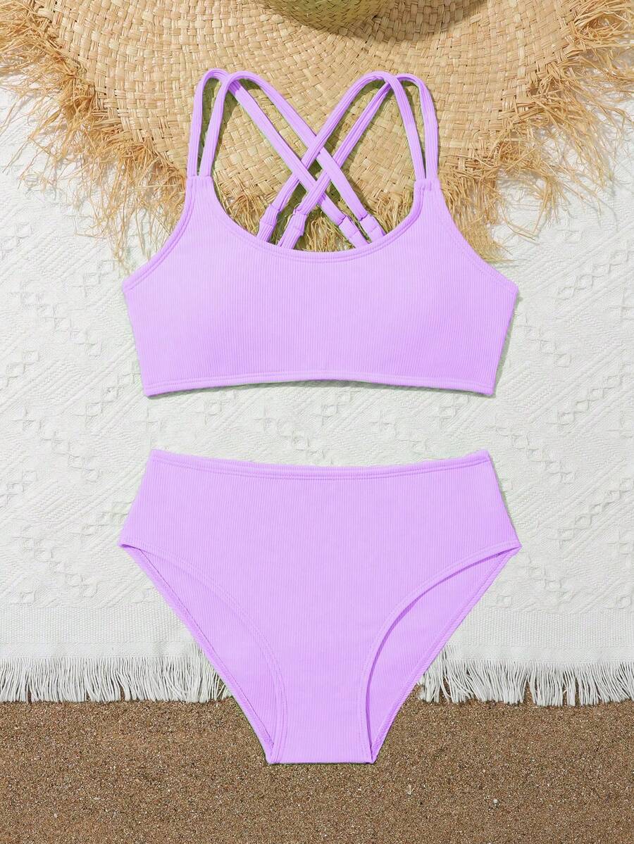 Tween Girls Bikini Sets Orange Summer Modest Activewear Beach Holiday,Knitted Ribbed Two Pieces Swimwear Crisscross Back Tank Top With Briefs Set