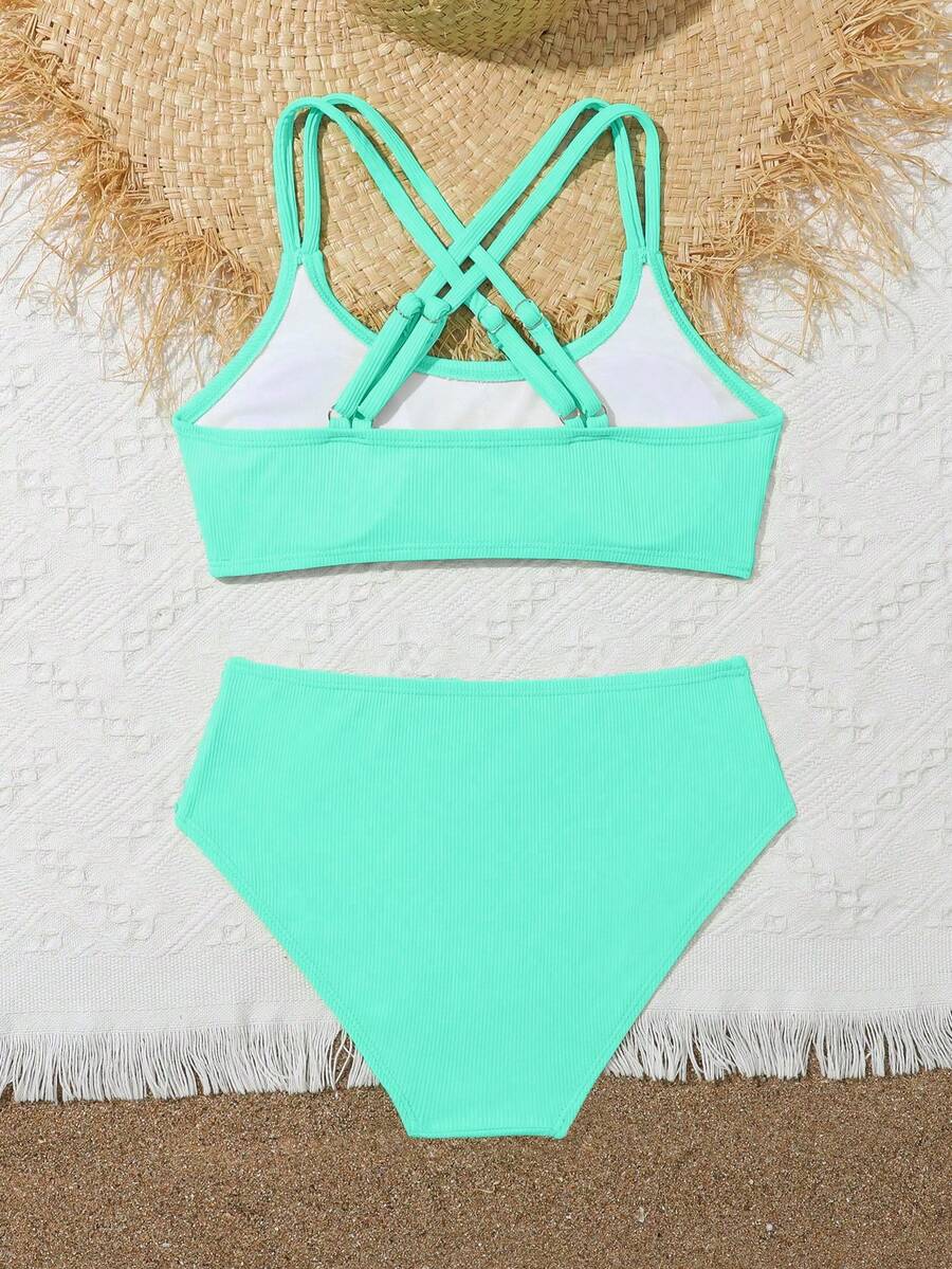 Tween Girls Bikini Sets Orange Summer Modest Activewear Beach Holiday,Knitted Ribbed Two Pieces Swimwear Crisscross Back Tank Top With Briefs Set