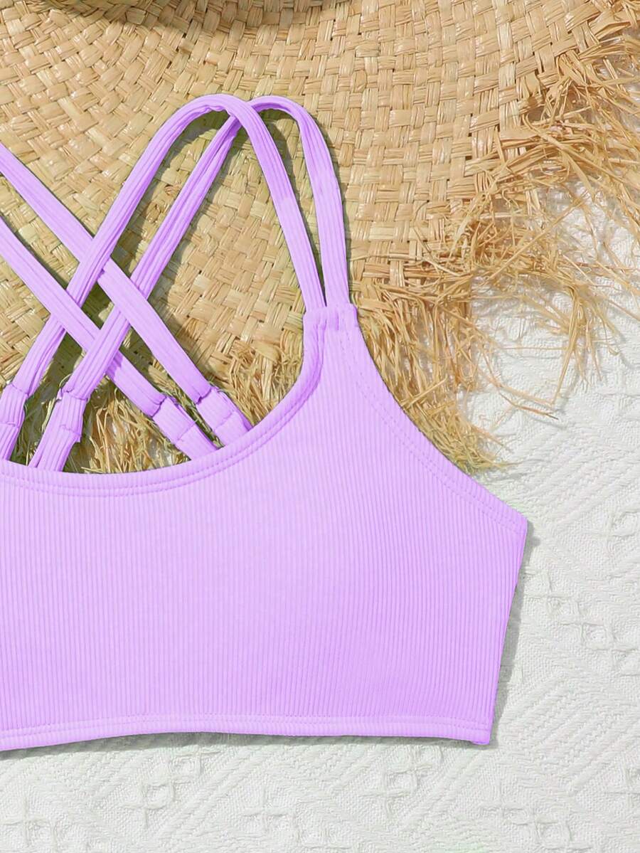 Tween Girls Bikini Sets Orange Summer Modest Activewear Beach Holiday,Knitted Ribbed Two Pieces Swimwear Crisscross Back Tank Top With Briefs Set