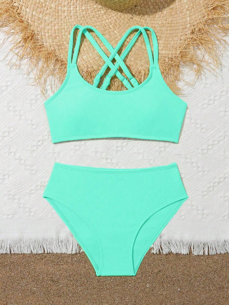 Tween Girls Bikini Sets Orange Summer Modest Activewear Beach Holiday,Knitted Ribbed Two Pieces Swimwear Crisscross Back Tank Top With Briefs Set