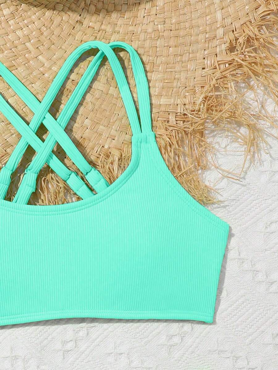 Tween Girls Bikini Sets Orange Summer Modest Activewear Beach Holiday,Knitted Ribbed Two Pieces Swimwear Crisscross Back Tank Top With Briefs Set