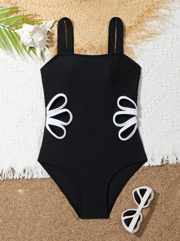 Tween girl multicolor ombre one-piece swimsuit with spaghetti straps, all-over print, lined body, and vacation beachwear style.