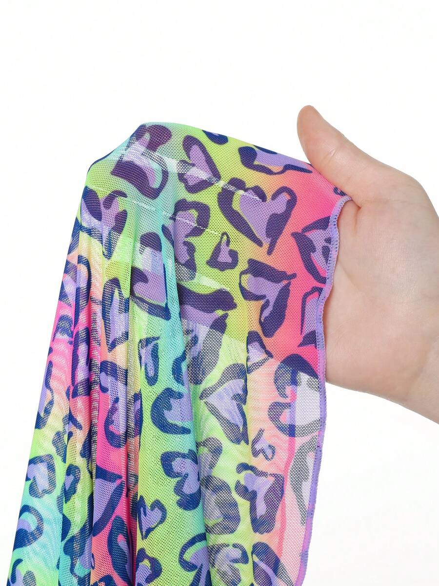 Multicolor heart print long cover up dress for tween girls featuring a V-neck criss-cross wrap front and short sleeves.