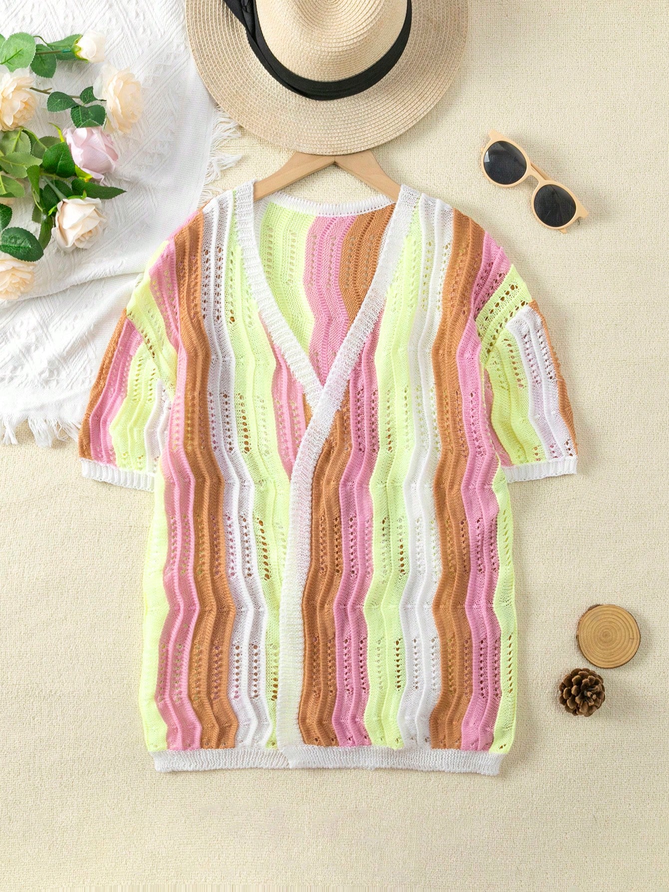 Girls colorful stripe crochet swimwear cover up featuring a button front design and half sleeves for vacation and beach wear.