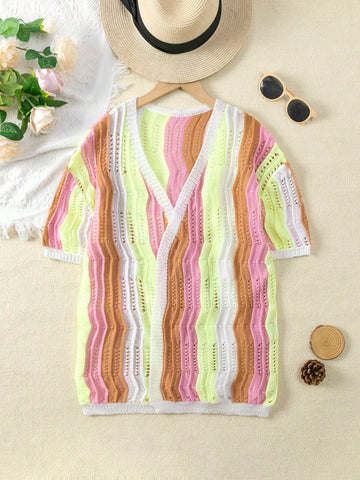 Girls colorful stripe crochet swimwear cover up featuring a button front design and half sleeves for vacation and beach wear.
