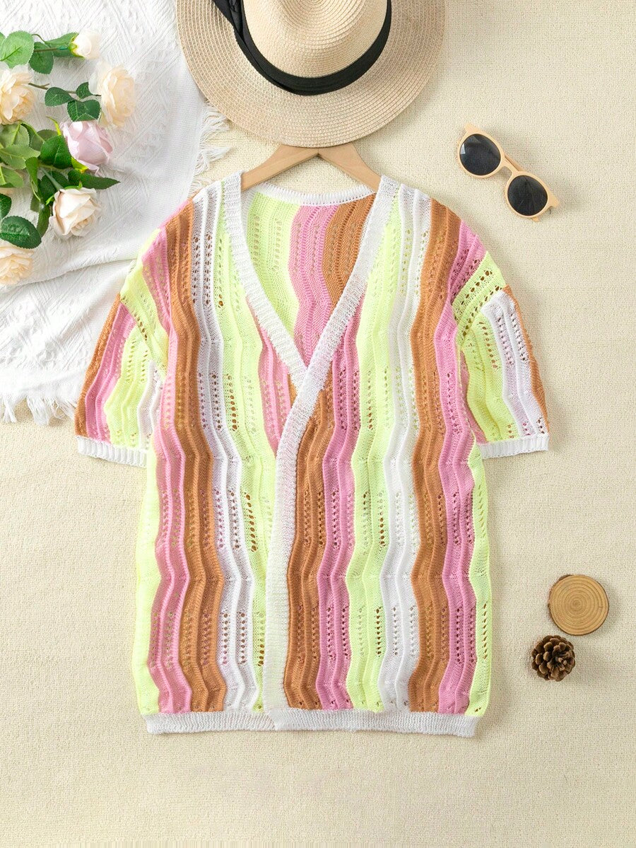 Girls colorful stripe crochet swimwear cover up featuring a button front design and half sleeves for vacation and beach wear.
