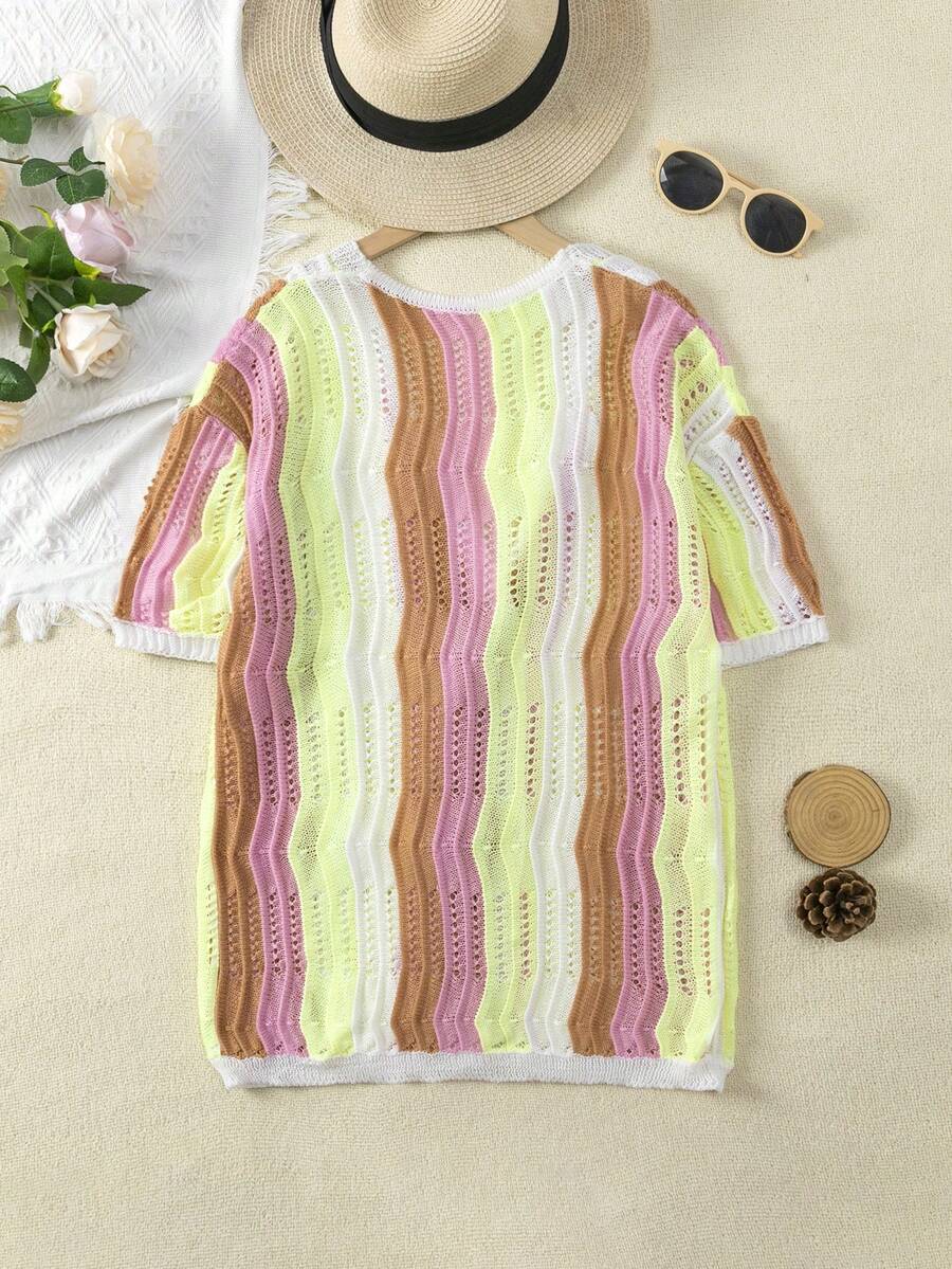 Girls colorful stripe crochet swimwear cover up featuring a button front design and half sleeves for vacation and beach wear.