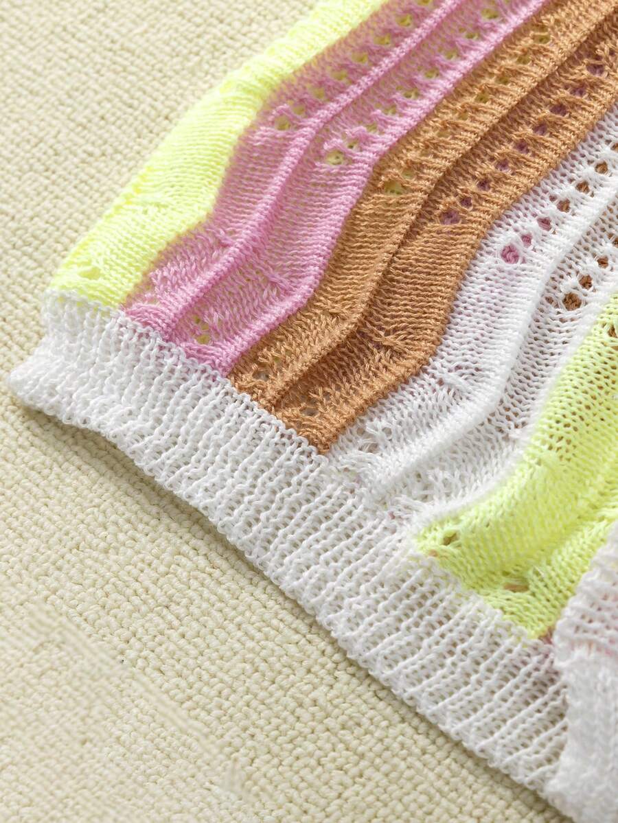 Girls colorful stripe crochet swimwear cover up featuring a button front design and half sleeves for vacation and beach wear.