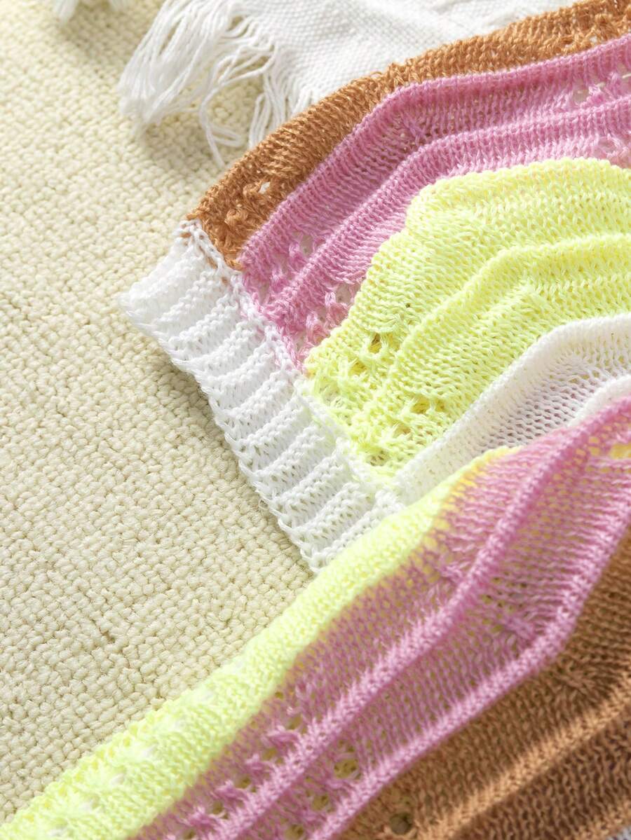 Girls colorful stripe crochet swimwear cover up featuring a button front design and half sleeves for vacation and beach wear.