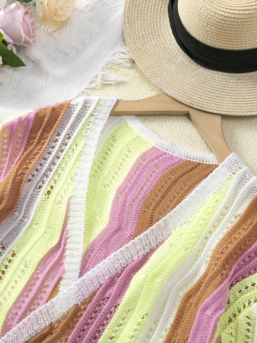Girls colorful stripe crochet swimwear cover up featuring a button front design and half sleeves for vacation and beach wear.