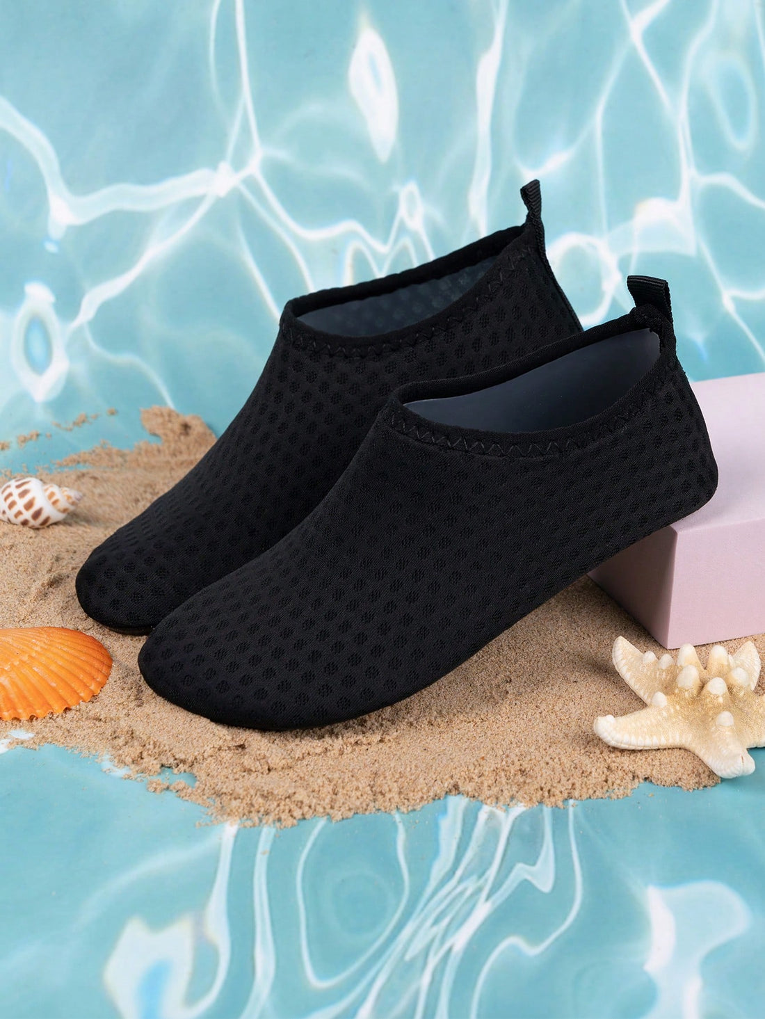 Boys black plain aqua socks featuring a slip-on rib-knit design, breathable fabric upper, mesh insole, and non-slip TPR outsole.