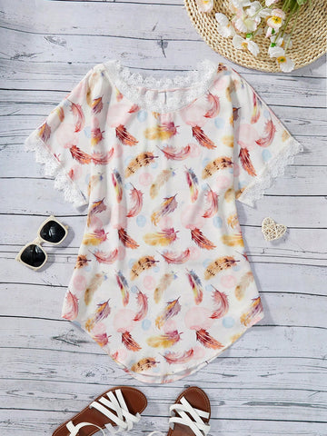 Multicolor loose casual vacation fringed cover up for tween girls featuring short sleeves, round neck, contrast lace details, and knitted braided decoration.