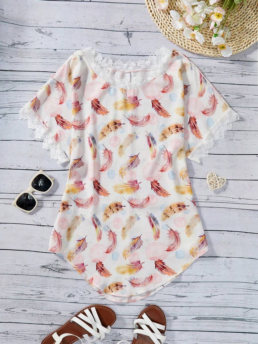 Multicolor loose casual vacation fringed cover up for tween girls featuring short sleeves, round neck, contrast lace details, and knitted braided decoration.