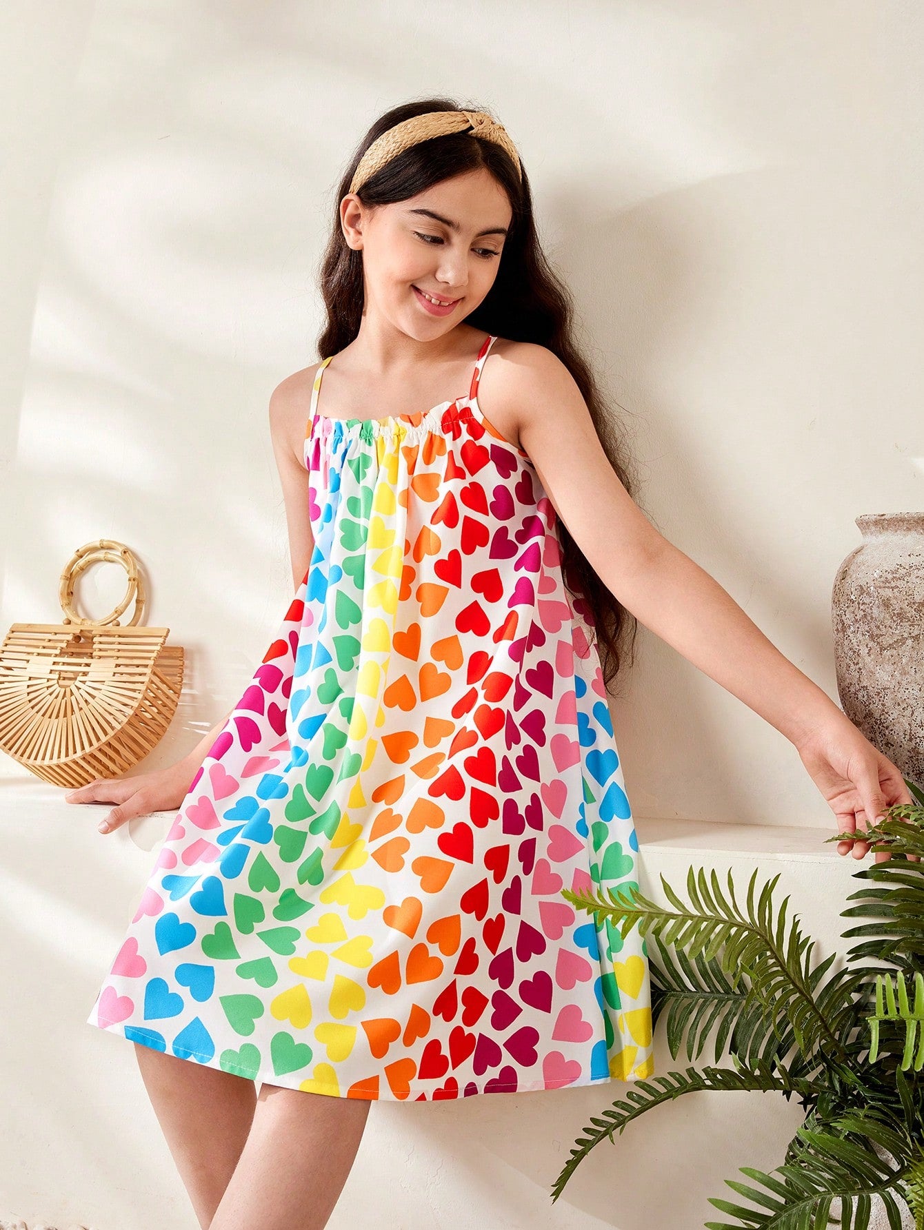 Multicolor geometric print cami midi dress for tween girls featuring spaghetti straps and a flared hem.