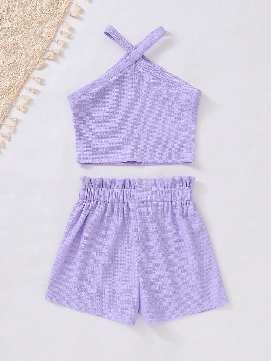 Tween girl 2-piece casual outfit set featuring a solid beige knit halter sleeveless top with belted detail and matching shorts.