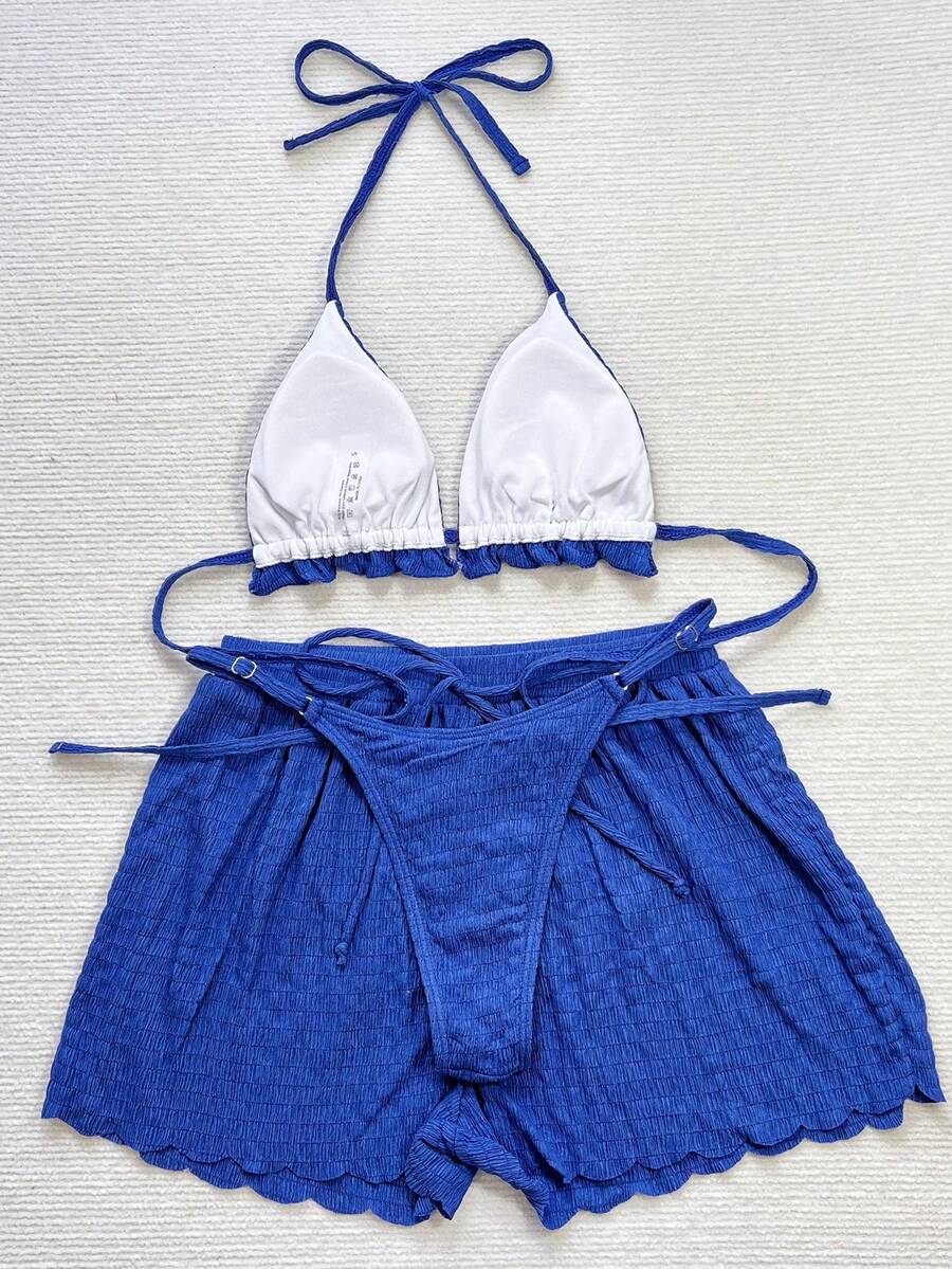 Women's 3-piece frill trim bikini set with halter tie-back top and high waist bottoms.