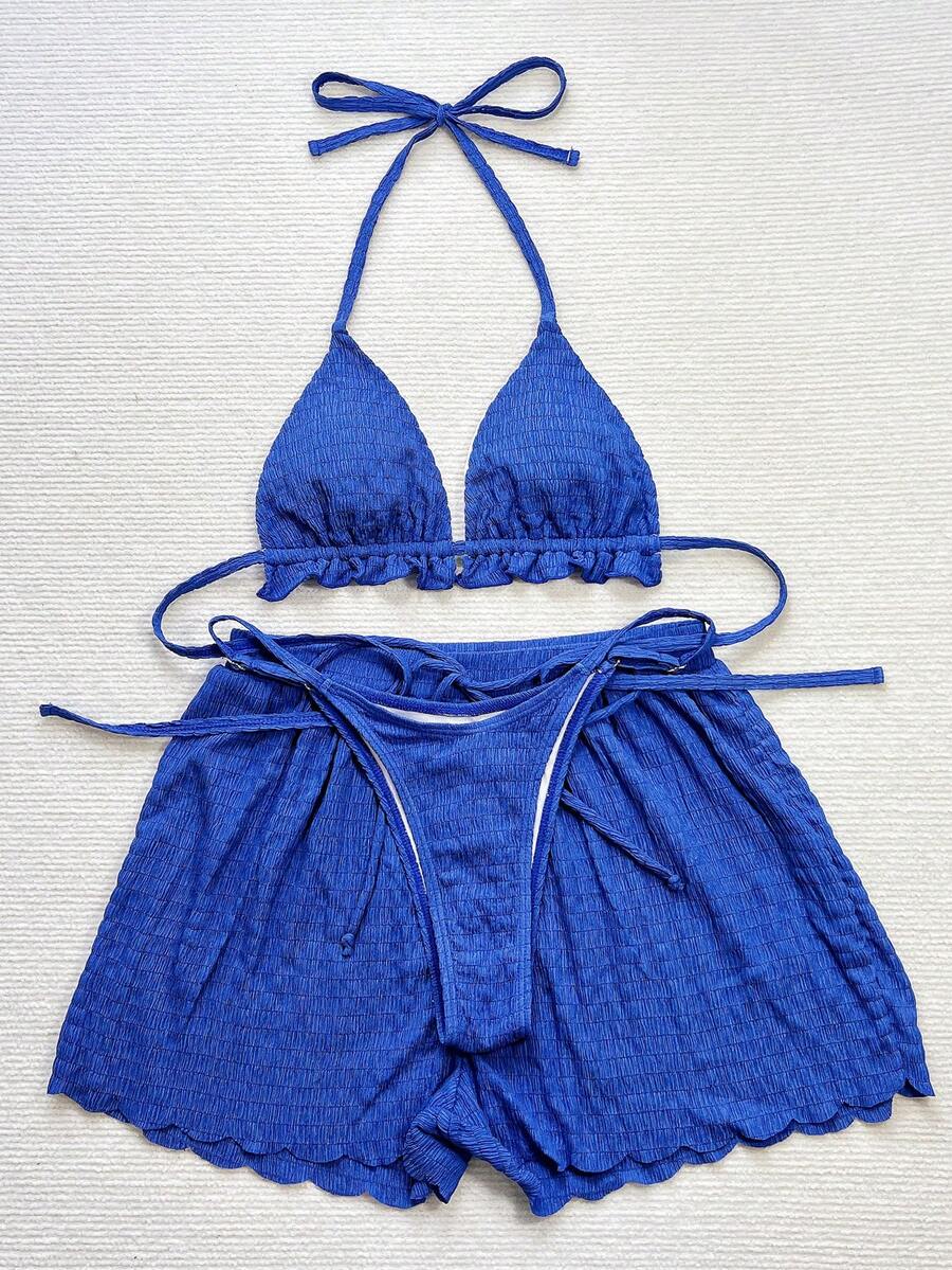 Women's 3-piece frill trim bikini set with halter tie-back top and high waist bottoms.