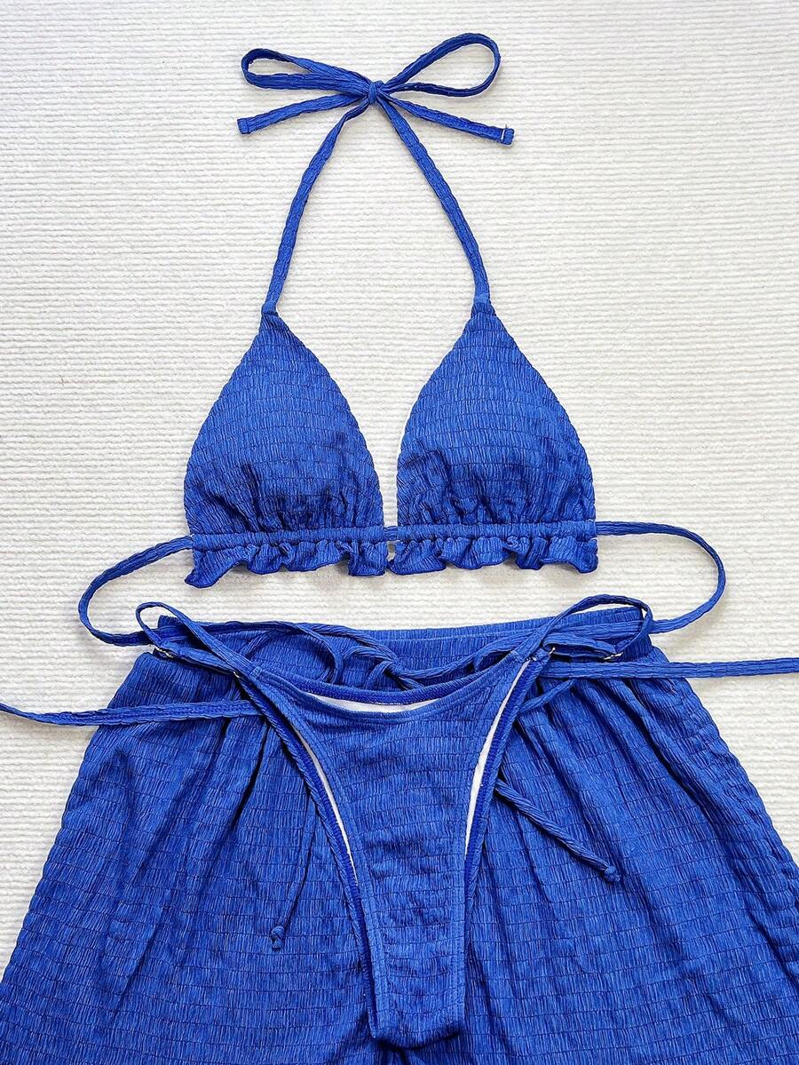 Women's 3-piece frill trim bikini set with halter tie-back top and high waist bottoms.