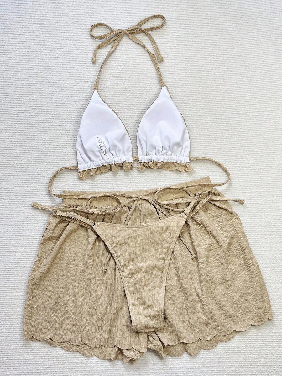 Women's 3-piece frill trim bikini set with halter tie-back top and high waist bottoms.