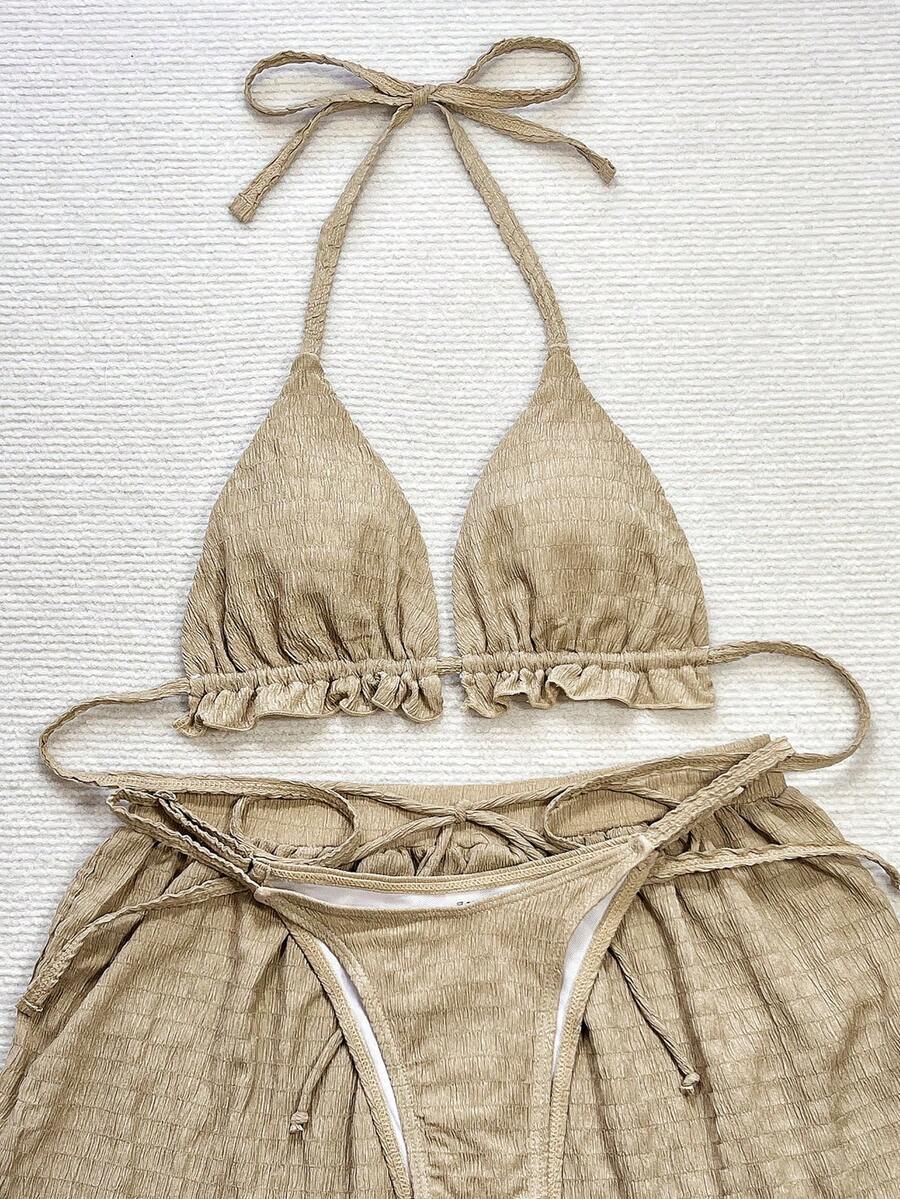 Women's 3-piece frill trim bikini set with halter tie-back top and high waist bottoms.