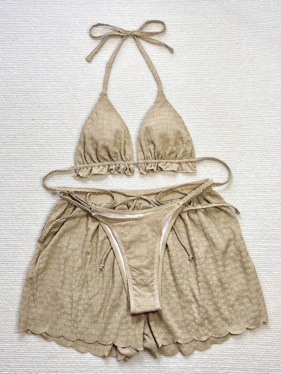 Women's 3-piece frill trim bikini set with halter tie-back top and high waist bottoms.