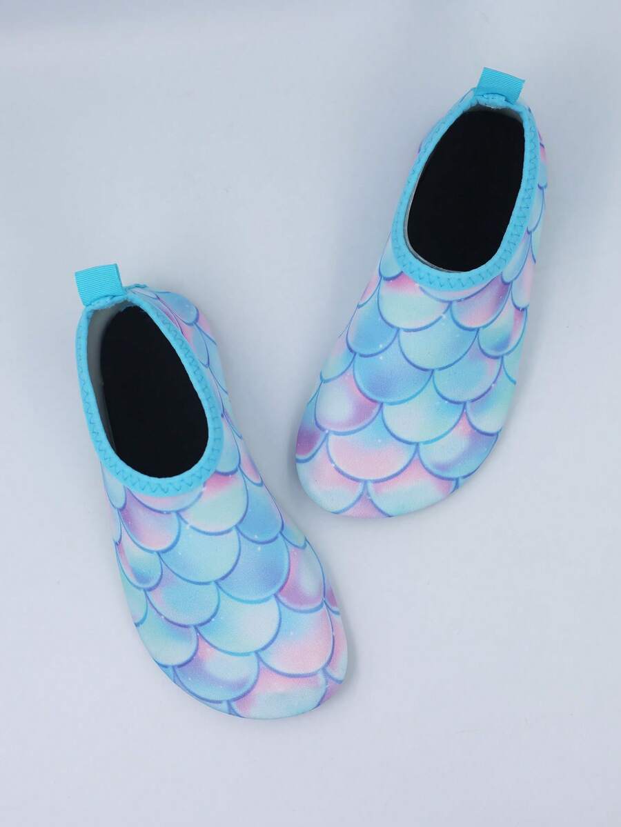 Multicolor kids slip-on water shoes with breathable Lycra upper and non-slip TPR outsole for boys and girls.