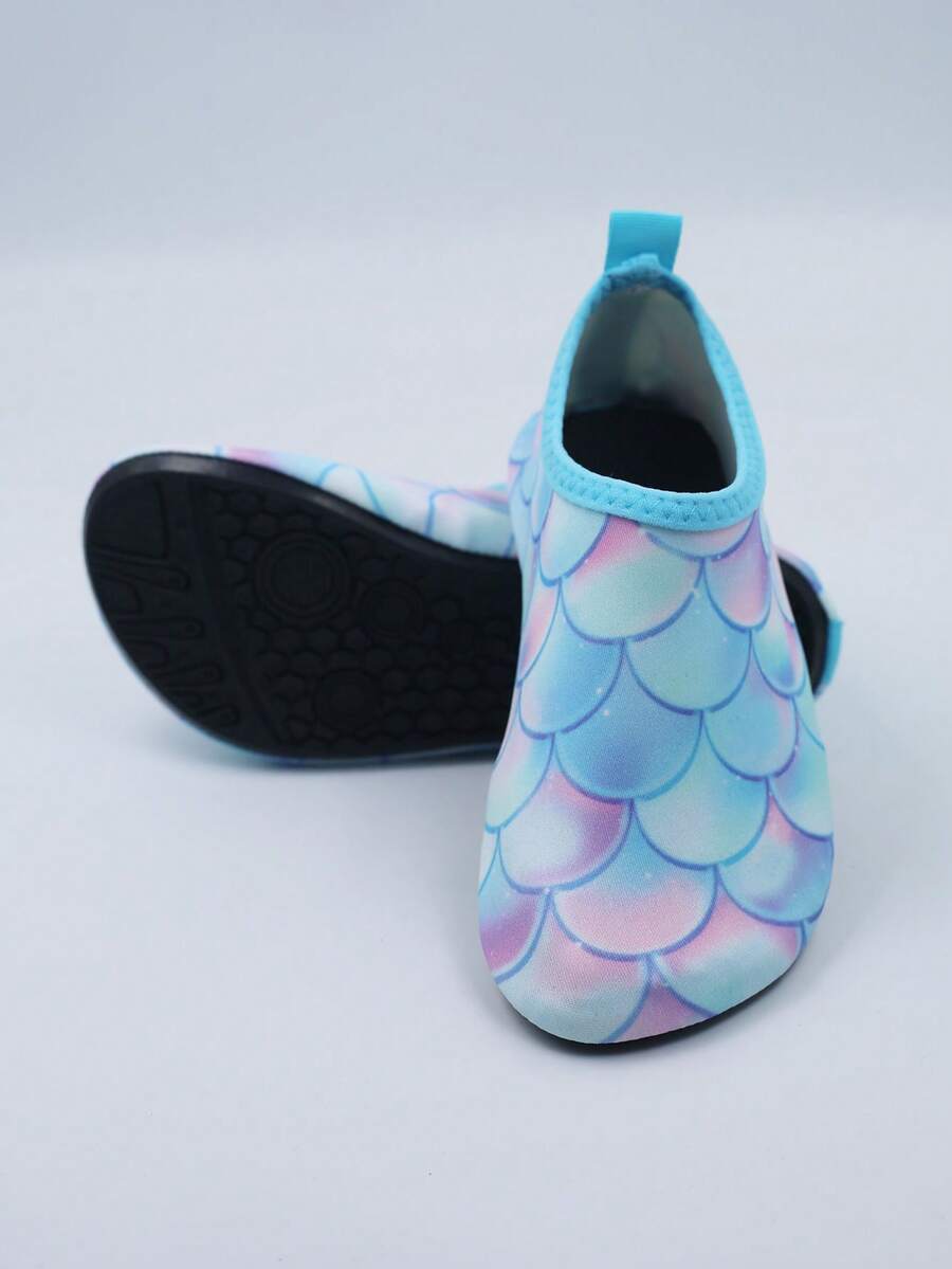 Multicolor kids slip-on water shoes with breathable Lycra upper and non-slip TPR outsole for boys and girls.