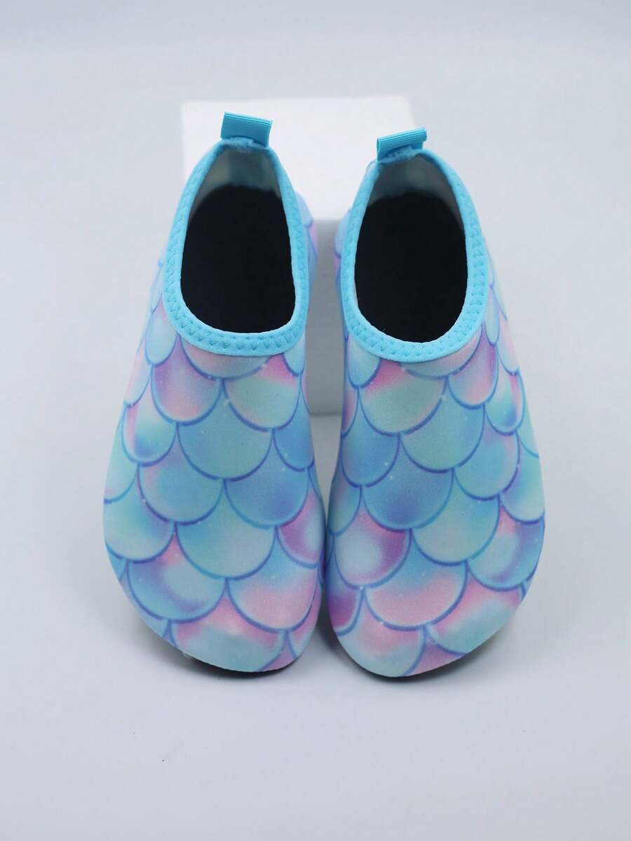 Multicolor kids slip-on water shoes with breathable Lycra upper and non-slip TPR outsole for boys and girls.
