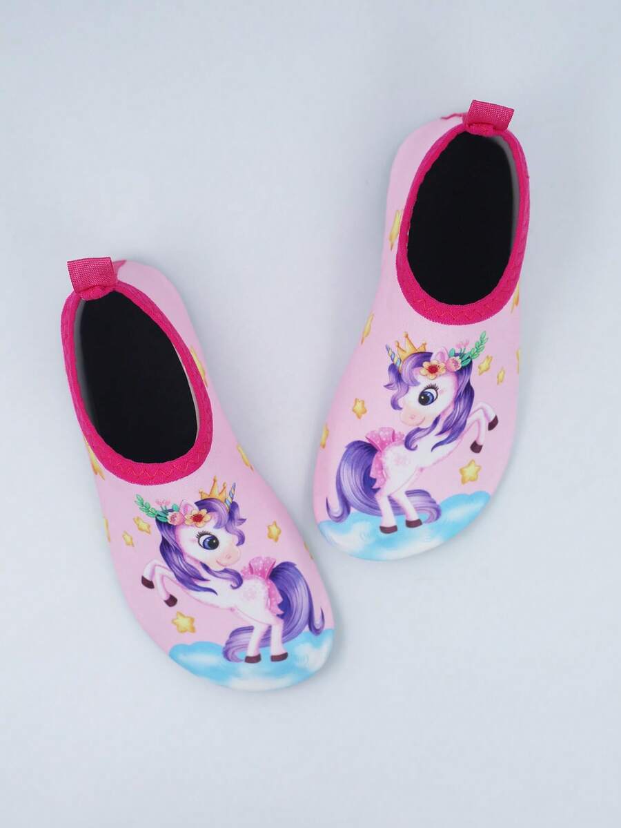 Multicolor kids slip-on water shoes with breathable Lycra upper and non-slip TPR outsole for boys and girls.