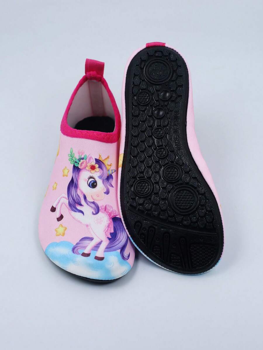 Multicolor kids slip-on water shoes with breathable Lycra upper and non-slip TPR outsole for boys and girls.