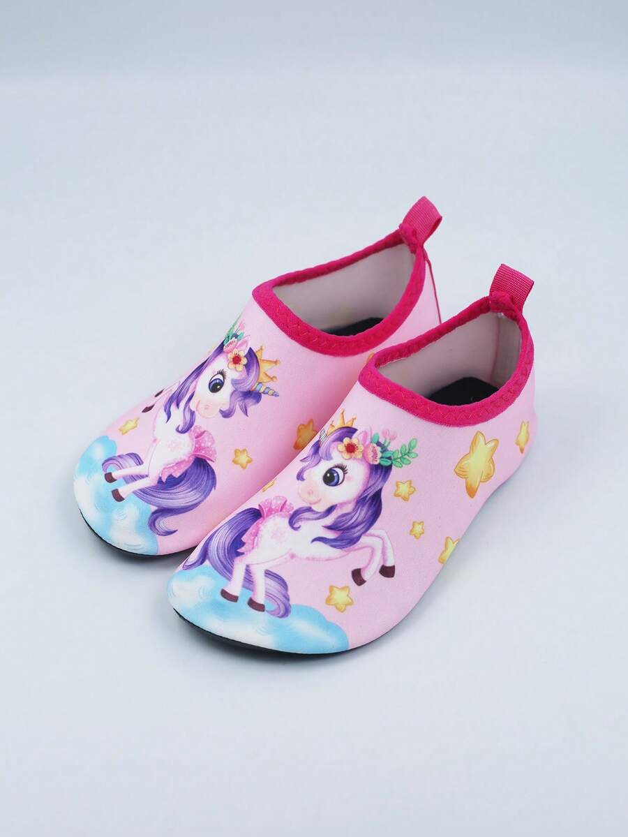 Multicolor kids slip-on water shoes with breathable Lycra upper and non-slip TPR outsole for boys and girls.