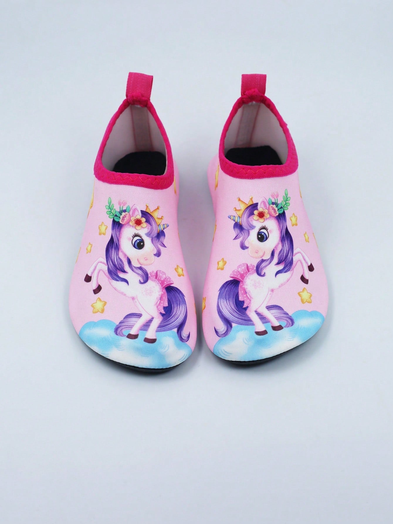 Multicolor kids slip-on water shoes with breathable Lycra upper and non-slip TPR outsole for boys and girls.