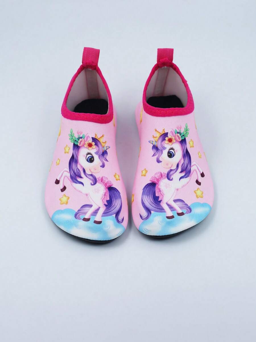 Multicolor kids slip-on water shoes with breathable Lycra upper and non-slip TPR outsole for boys and girls.