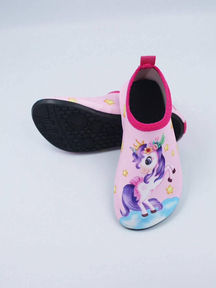 Multicolor kids slip-on water shoes with breathable Lycra upper and non-slip TPR outsole for boys and girls.