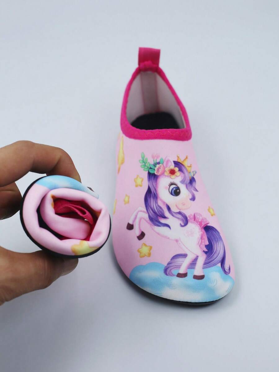 Multicolor kids slip-on water shoes with breathable Lycra upper and non-slip TPR outsole for boys and girls.