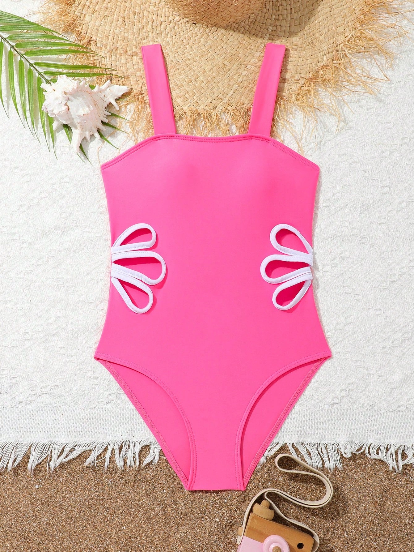 Tween girls purple one-piece swimsuit with strap neckline, cut-out detail, plain vacation style, wireless bra, and mid-waist bottom