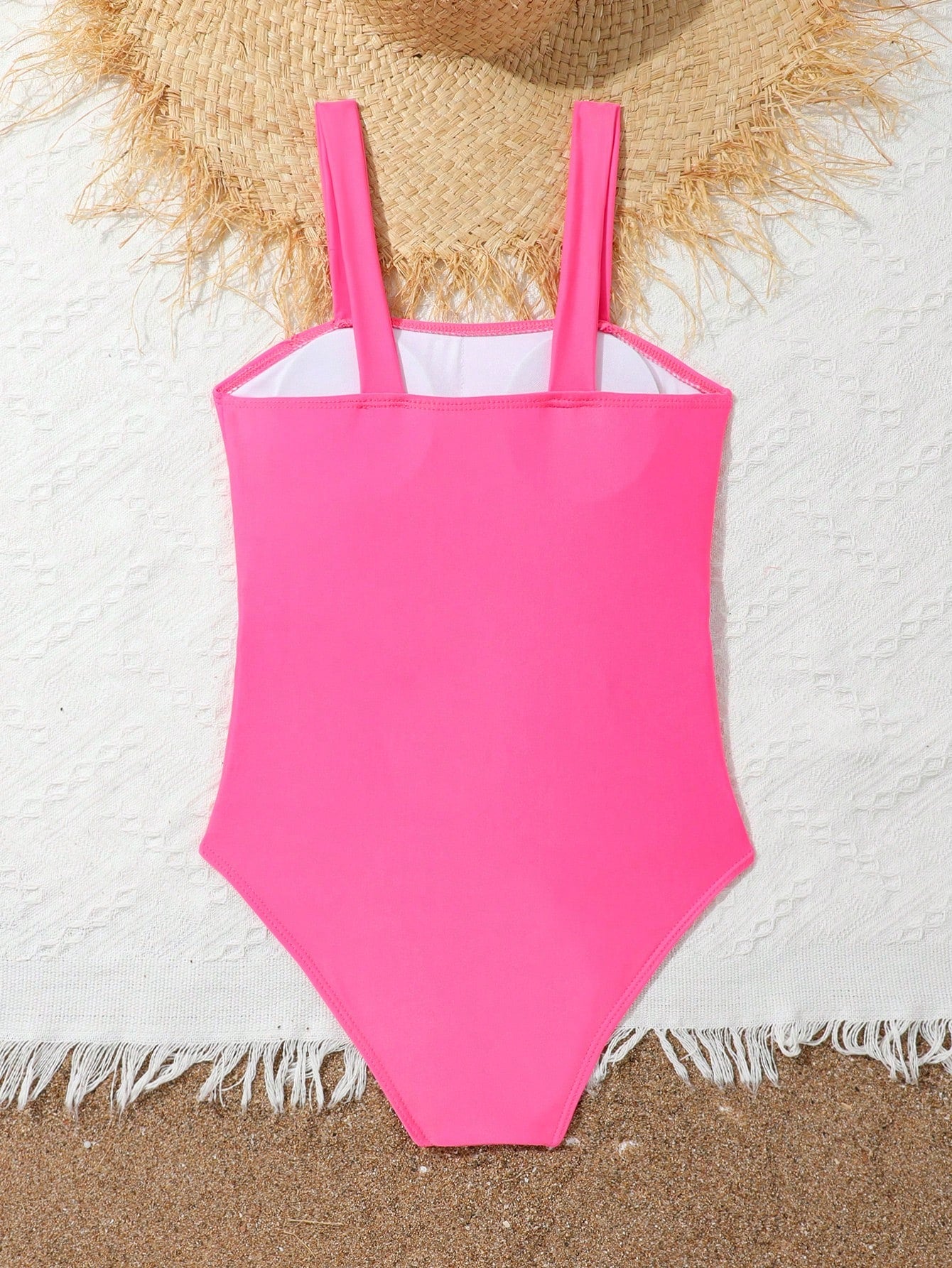 Tween girls purple one-piece swimsuit with strap neckline, cut-out detail, plain vacation style, wireless bra, and mid-waist bottom