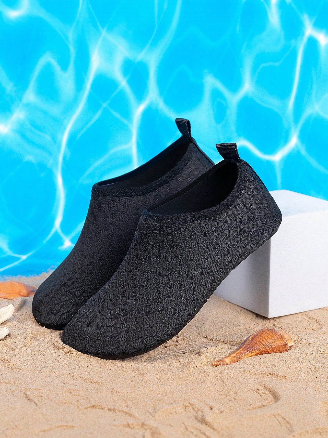 Boys black plain aqua socks featuring a slip-on rib-knit design, breathable fabric upper, mesh insole, and non-slip TPR outsole.
