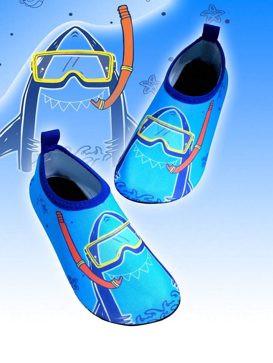 Multicolor cartoon pattern boys' aqua socks with breathable polyester upper, slip-on closure, and non-slip TPR outsole.