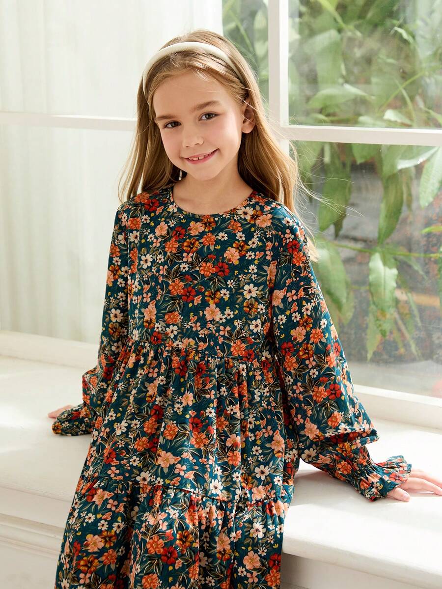 Multicolor floral print A-line dress for tween girls featuring a round neck, long flare sleeves, high waist, and flounce ruffle hem.
