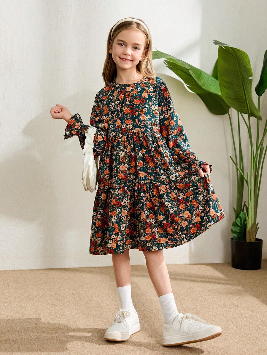 Multicolor floral print A-line dress for tween girls featuring a round neck, long flare sleeves, high waist, and flounce ruffle hem.