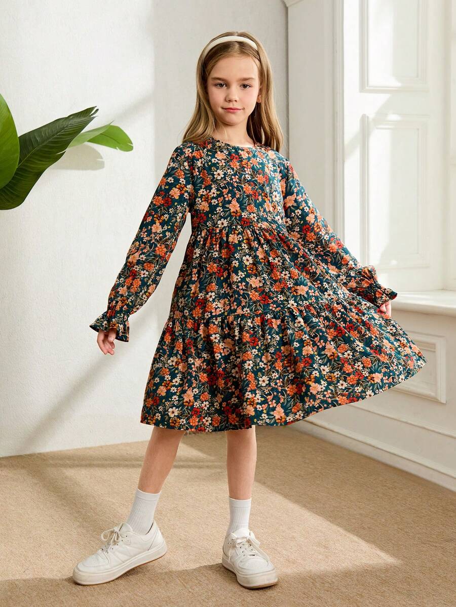Multicolor floral print A-line dress for tween girls featuring a round neck, long flare sleeves, high waist, and flounce ruffle hem.