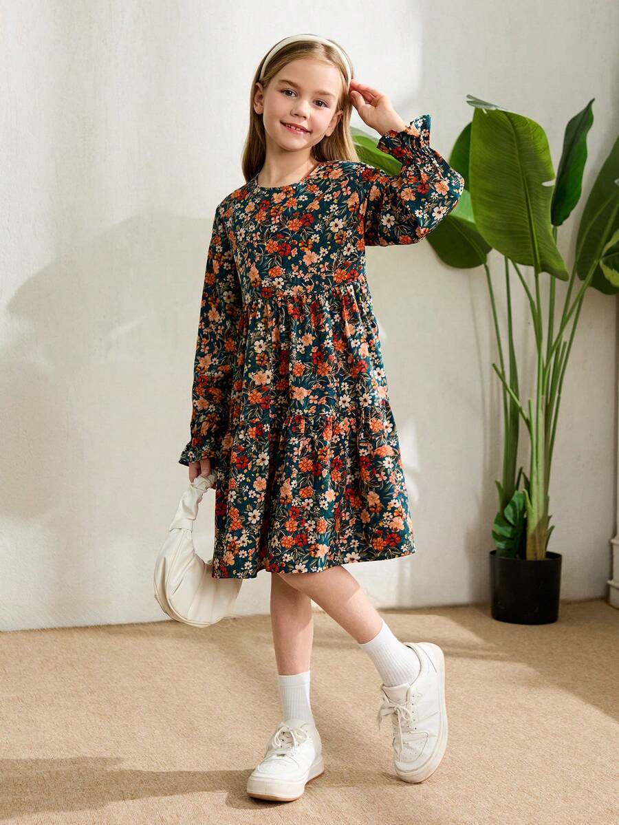 Multicolor floral print A-line dress for tween girls featuring a round neck, long flare sleeves, high waist, and flounce ruffle hem.