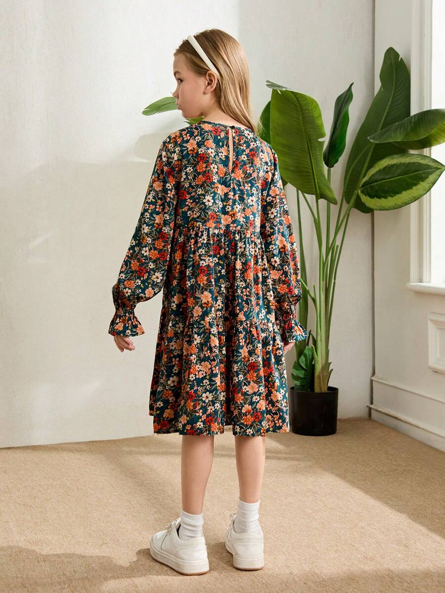 Multicolor floral print A-line dress for tween girls featuring a round neck, long flare sleeves, high waist, and flounce ruffle hem.